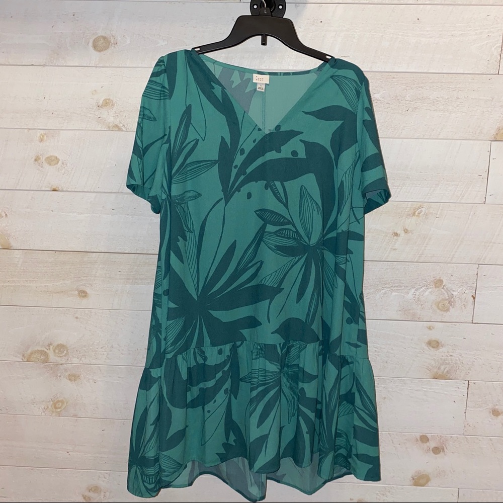 A NEW DAY Women’s Green Tropical Floral Print Short Sleeve Flounce Dress Size L